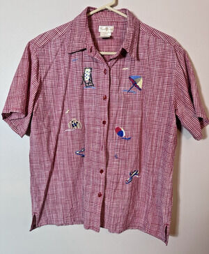 Vintage‎ 90’s Bobbie Brooks Shirt Size XL Red Checkered Sailboat Beach Vacay Top